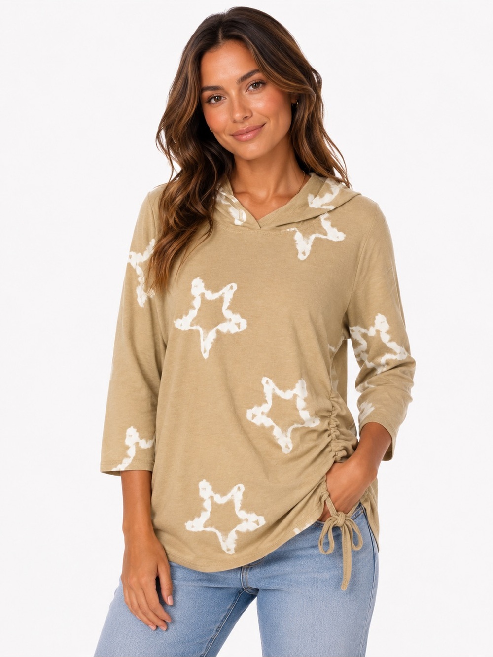 Beige Star Print Hooded Pullover - 0626